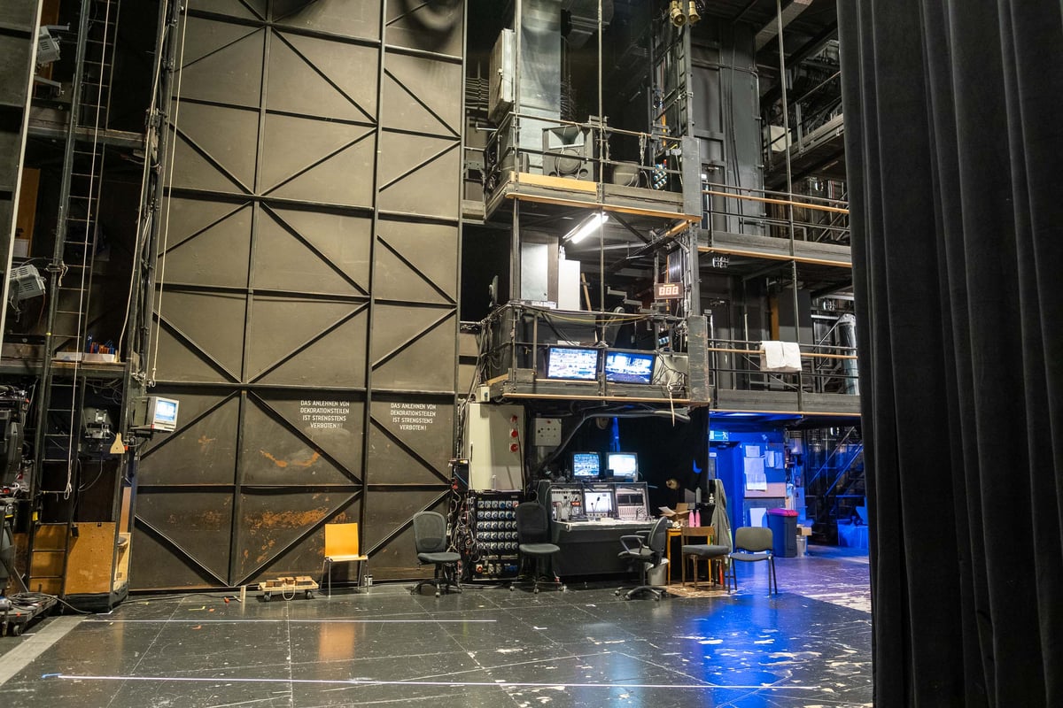 Backstage area of the Grosses Festspielhaus with lighting rigs and stage machinery in Salzburg
