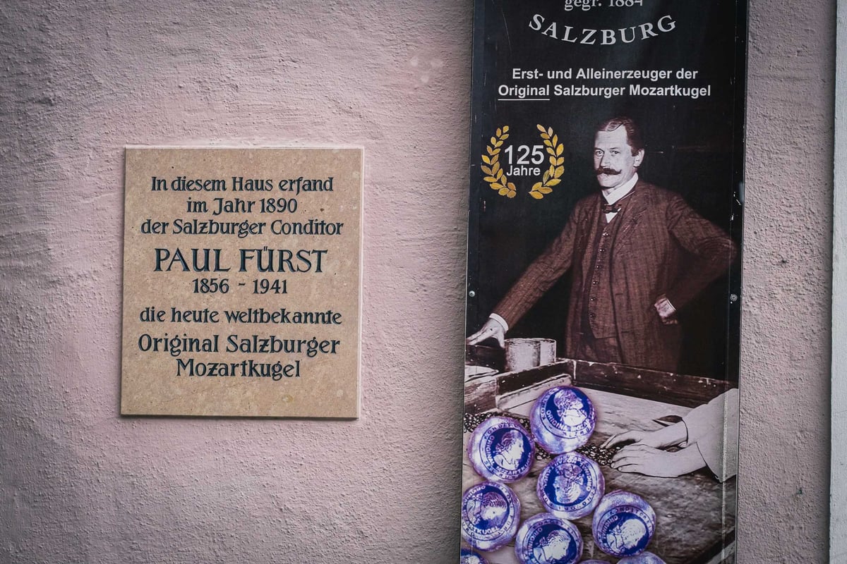 Paul Fuerst memorial plaque for the original Mozartkugel inventor at Konditorei Fuerst in Salzburg old town.
