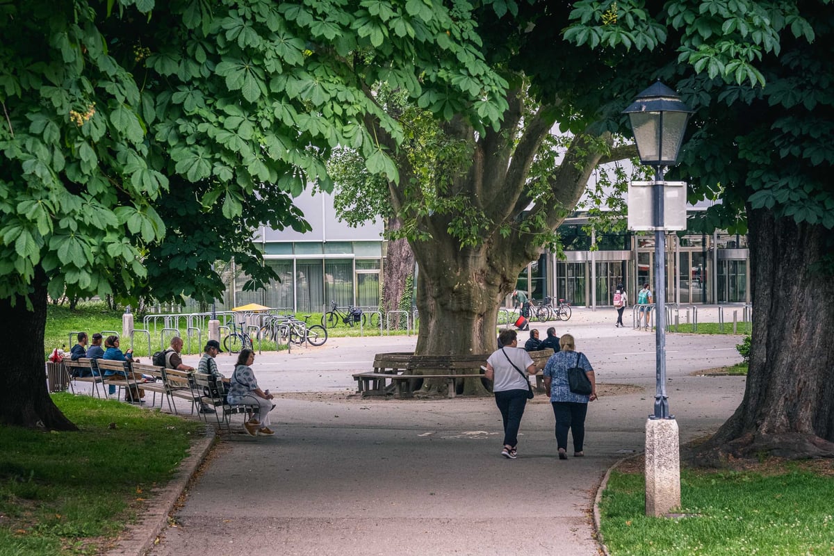 Path through the Kurgarten Salzburg under chestnut canopy with people walking and seated benches