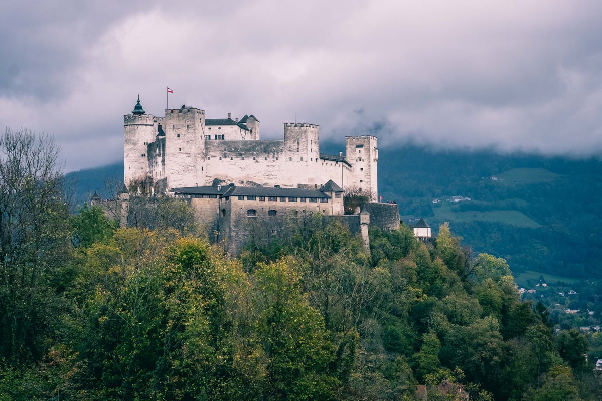 Hohensalzburg Fortress on Moenchsberg seen from Richterhoehe viewpoint in Salzburg.