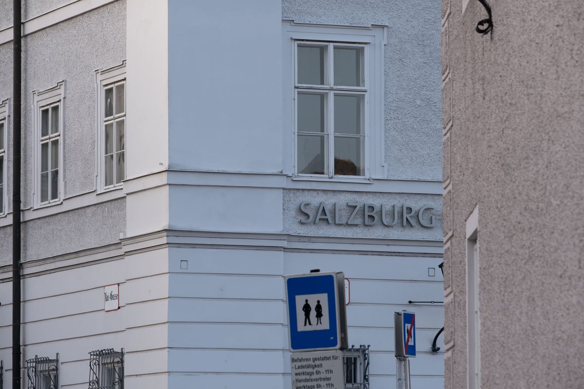 Partial SALZBURG lettering on the corner of the Salzburg Museum building in the old town.