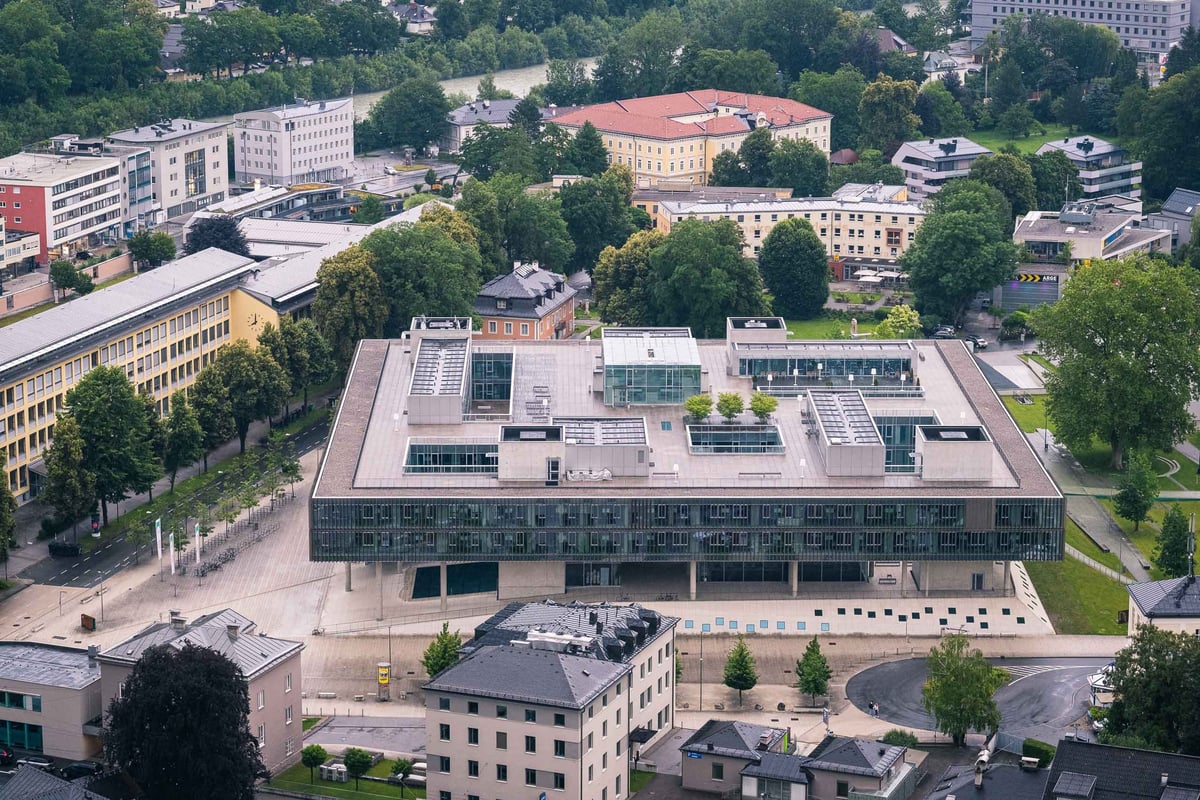 Aerial view of the Unipark Nonntal University of Salzburg building