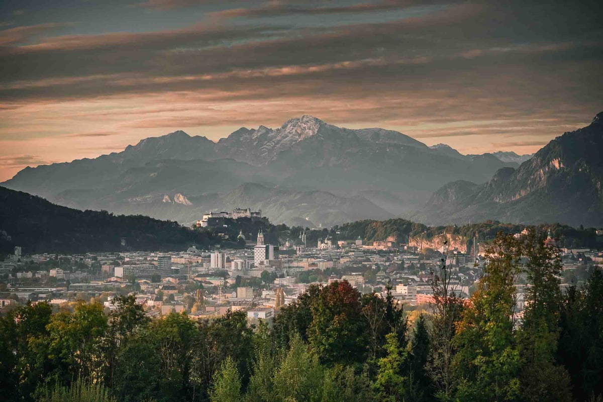Sunset view from Maria Plain hill over Salzburg city toward Hohensalzburg and Untersberg.