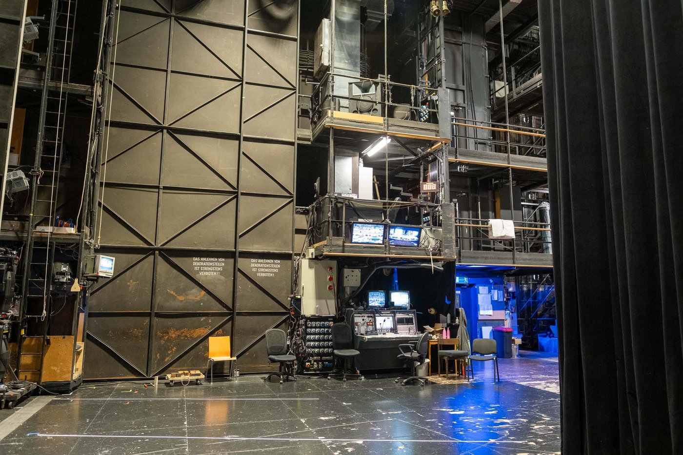 Backstage area of the Grosses Festspielhaus with lighting rigs and stage machinery in Salzburg