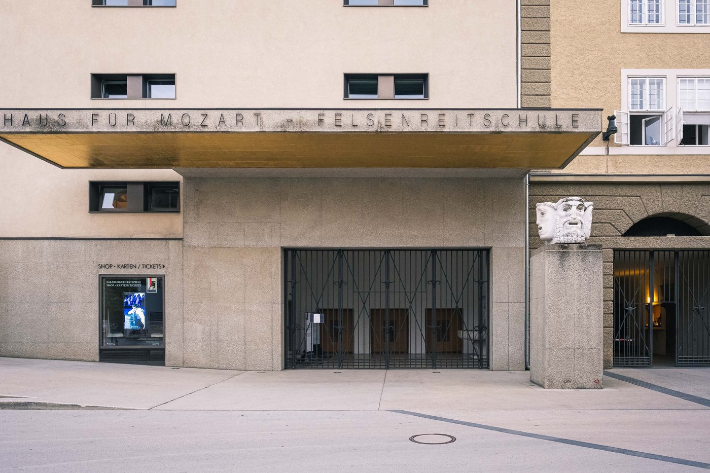 Entrance to Haus fur Mozart and Felsenreitschule concert halls in Salzburg old town