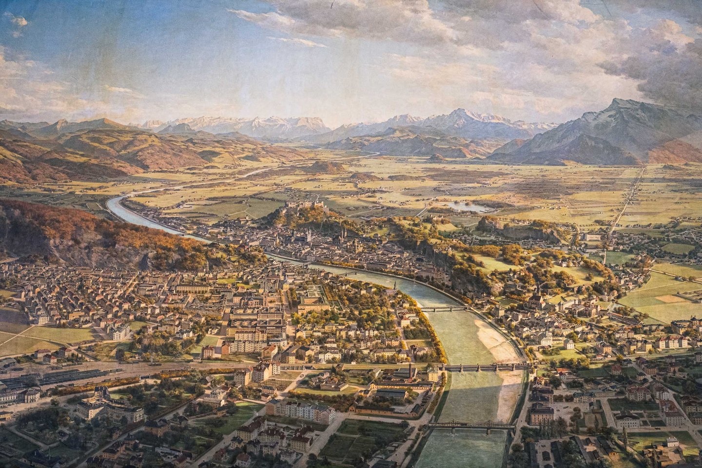 Wide view of the Kulstrunk panorama painting showing Salzburg and the Alps at the Altes Rathaus Salzburg