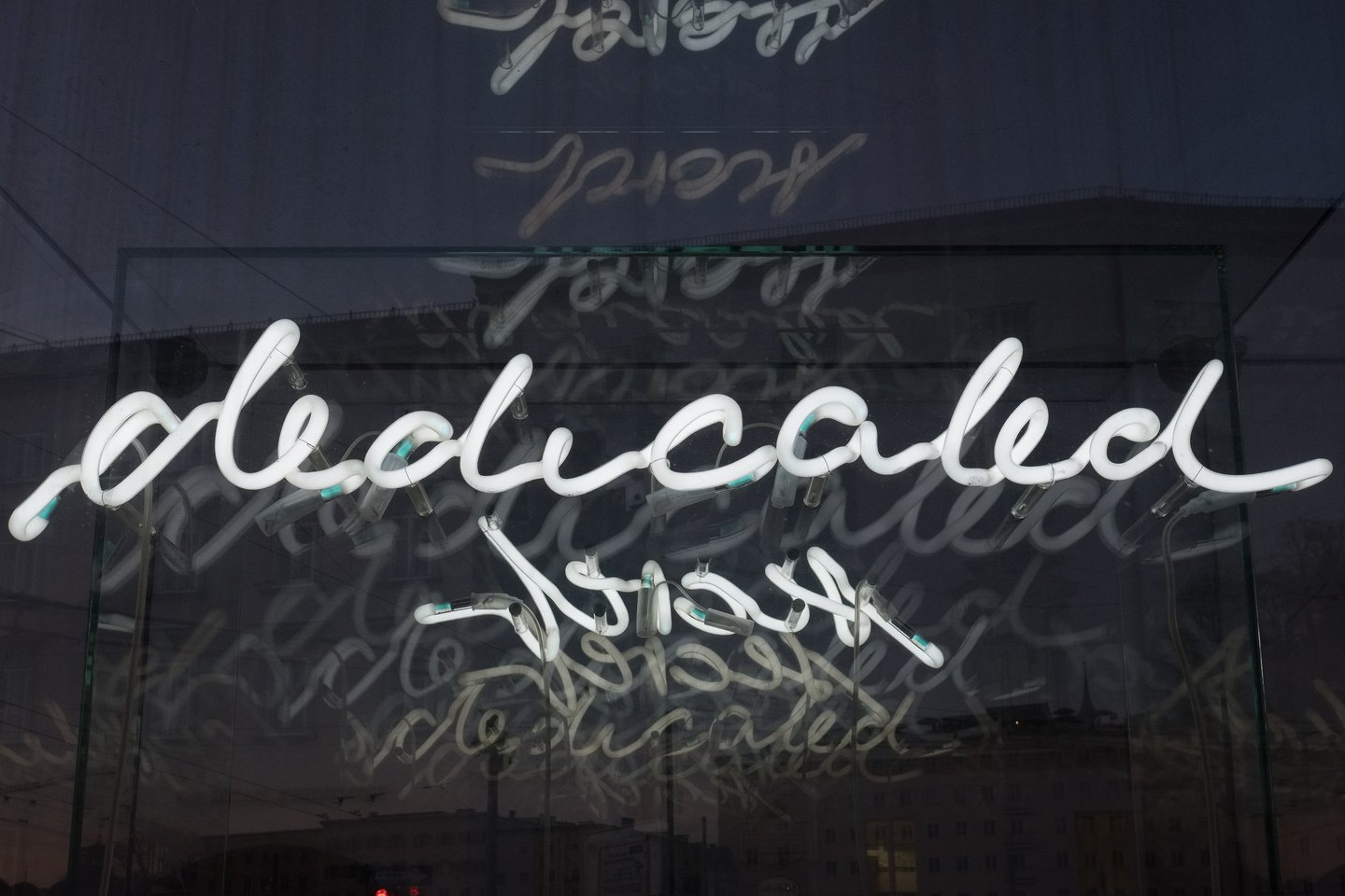 Beyond Recall neon vitrine detail by Brigitte Kowanz on the Salzach embankment in Salzburg