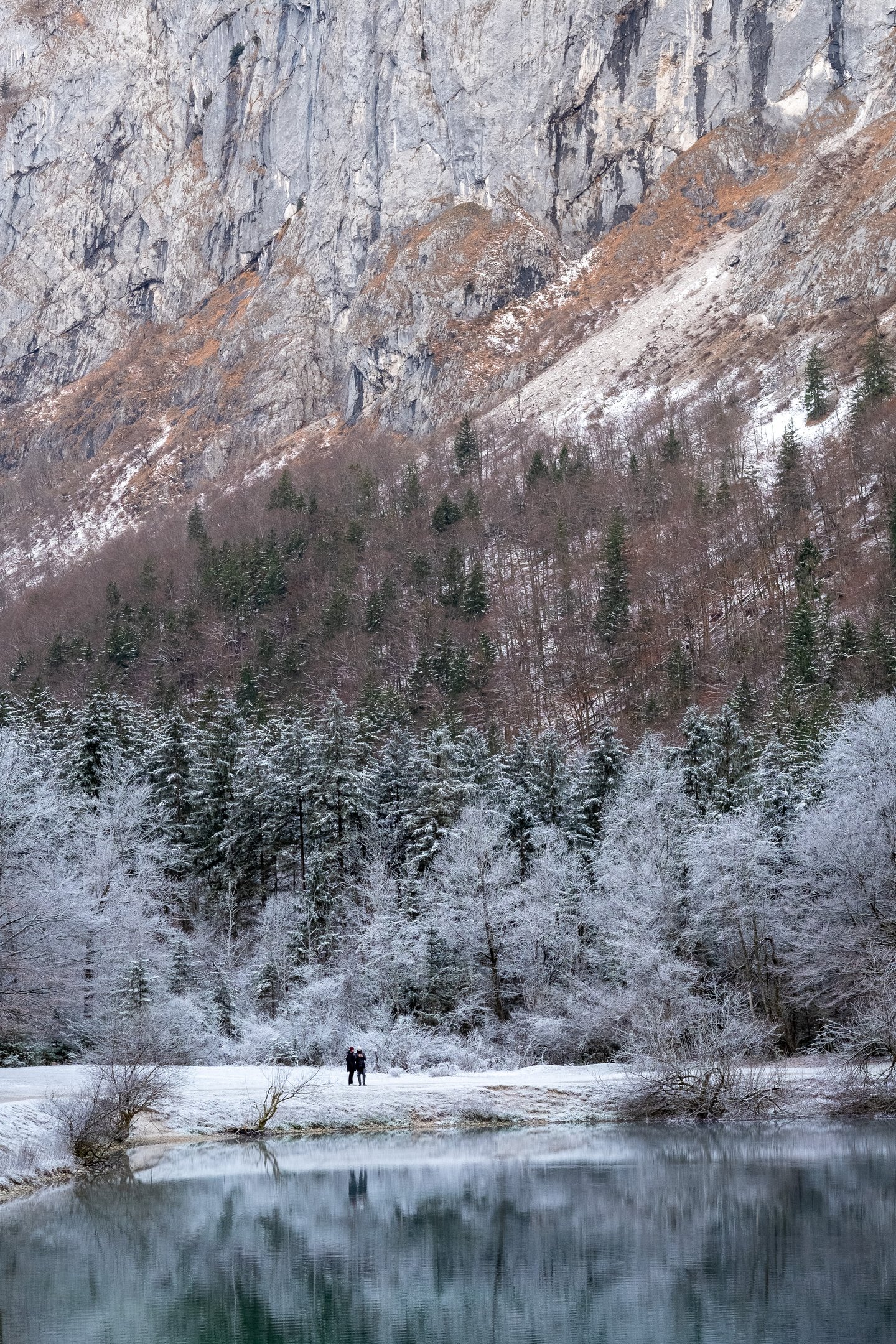 A sheer limestone wall rises above hoarfrosted forest in the Bluntautal, with two tiny walkers on the snowy shore of the lake below.