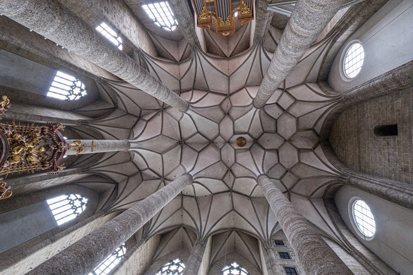Star ribbed Gothic vaulted ceiling and organ of the Franciscan Church in Salzburg old town.