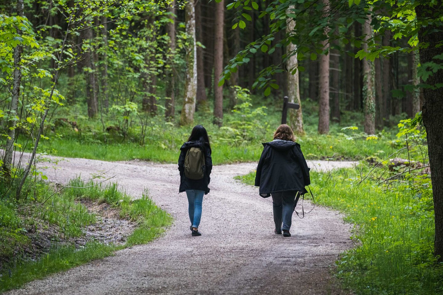 Two visitors walking along a wooded gravel trail at the open-air museum near Salzburg.