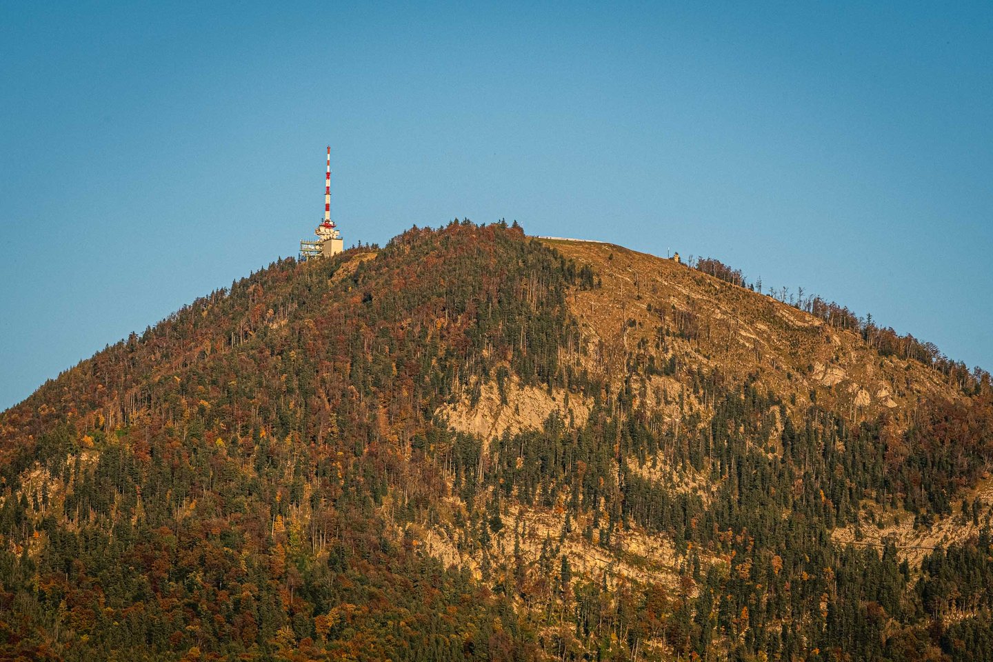 Gaisberg summit with radio transmission tower and autumn-colored forest slopes near Salzburg.