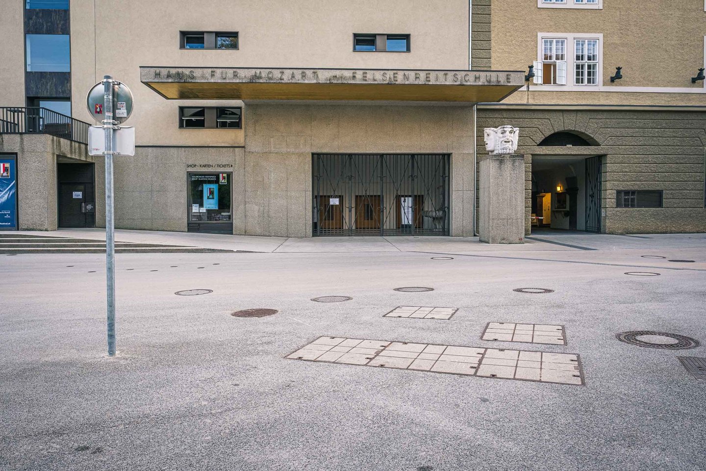 Haus fur Mozart and Felsenreitschule entrance facade on Hofstallgasse in Salzburg old town