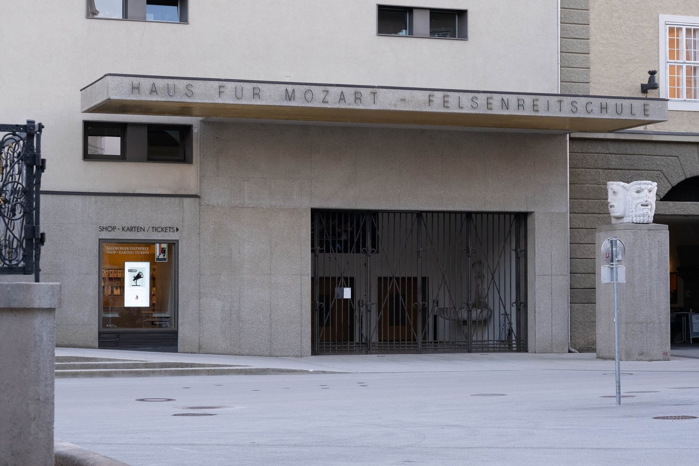 Modernist entrance to Haus fur Mozart and Felsenreitschule with ticket shop beside Hofstallgasse in Salzburg.