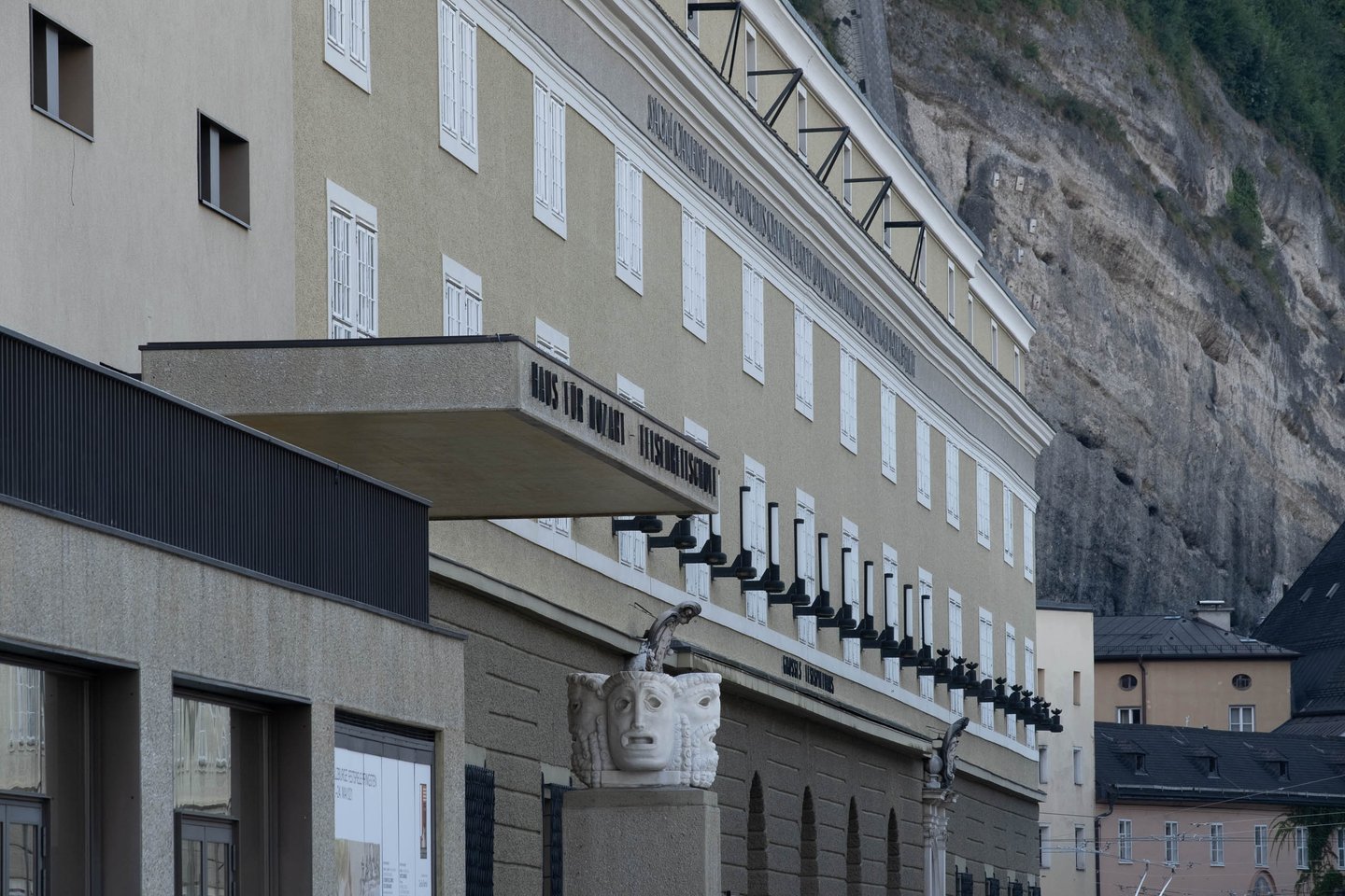 Haus fuer Mozart facade with Karajan stone mask on Hofstallgasse in Salzburg