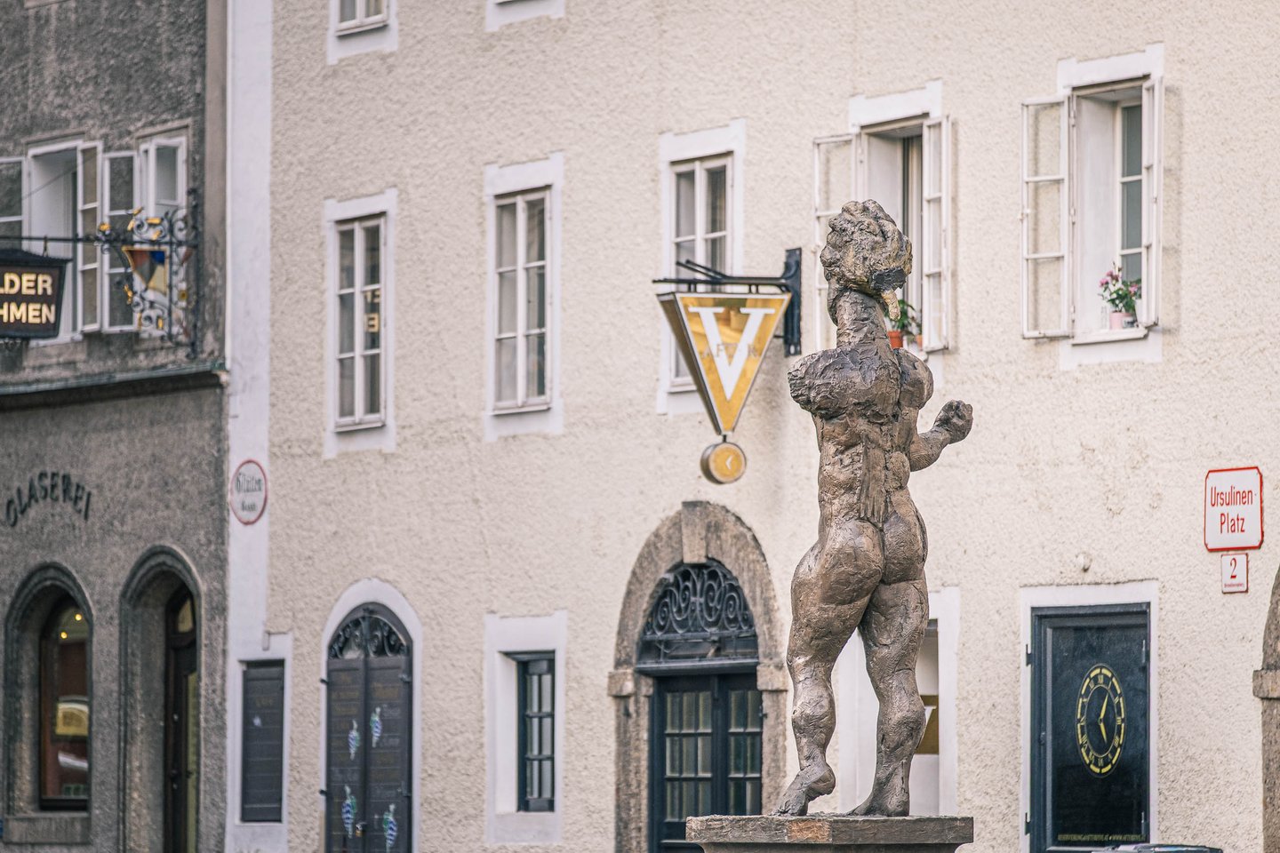 Homage to Mozart bronze sculpture on Ursulinenplatz in front of Markuskirche in Salzburg.