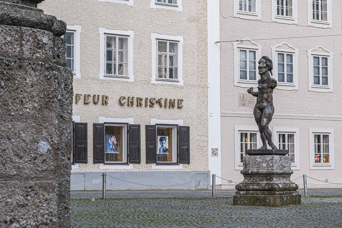 Bronze Homage to Mozart sculpture by Markus Luepertz on Ursulinenplatz in Salzburg old town.