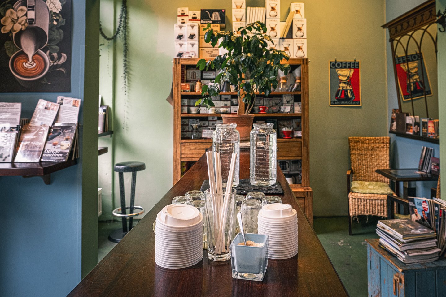 The wooden counter of a specialty coffee shop holds stacked cup lids, paper straws and water jugs, with boxed Chemex brewers and a pour-over kettle stacked on a dresser behind a potted coffee plant and a poster reading Coffee Is An Immigrant.
