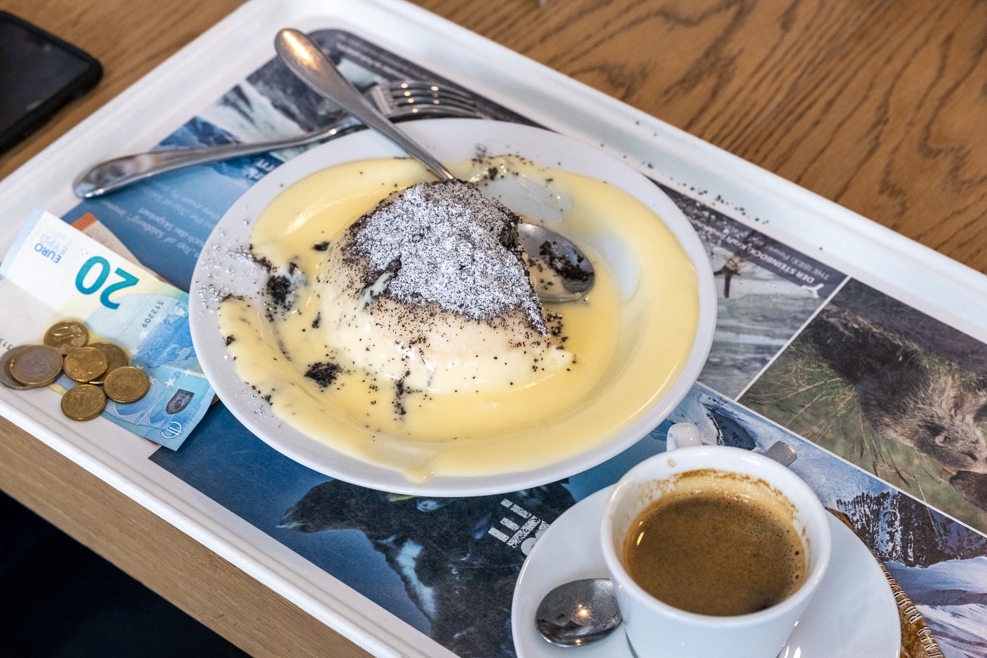 Seen from above, a cafeteria tray at the Kitzsteinhorn holds a Germknoedel in vanilla sauce, a cup of espresso, cutlery and a twenty euro note with loose coins, all on a printed alpine wildlife placemat.