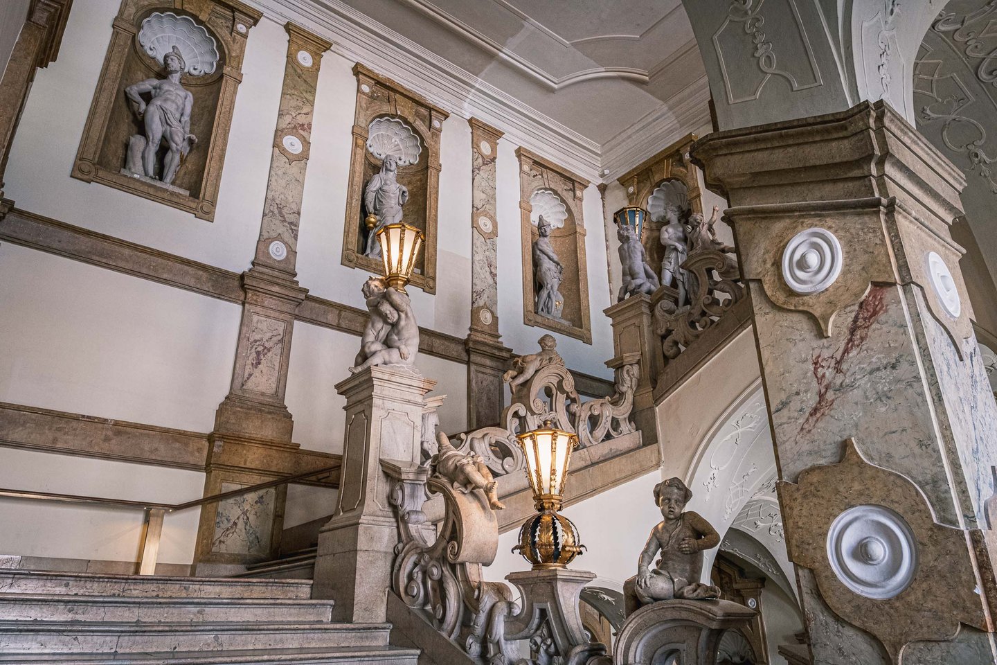 Baroque Angel Staircase with putti sculptures and marble balustrades inside Mirabell Palace in Salzburg