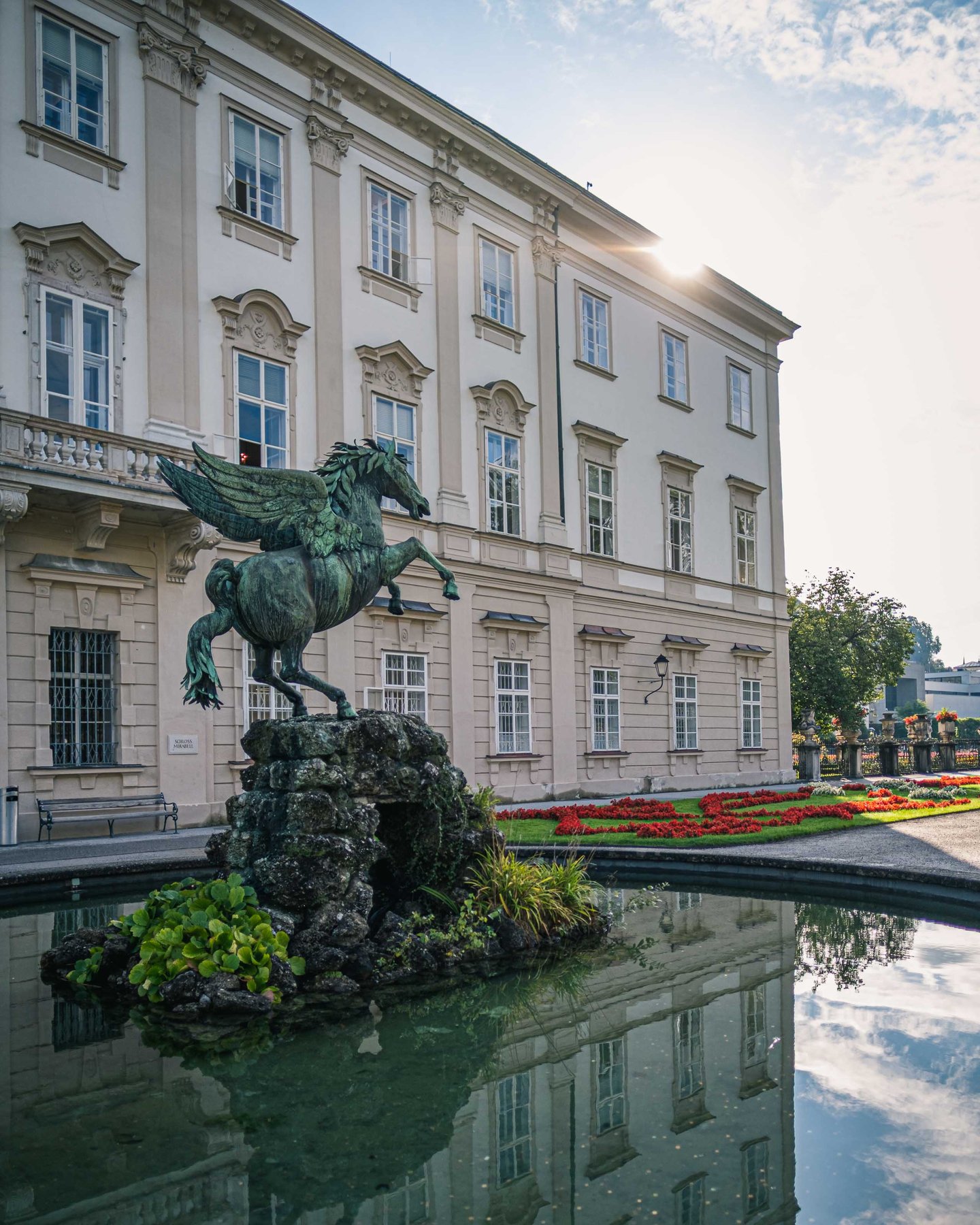Bronze Pegasus fountain sculpture before Mirabell Palace in Salzburg.