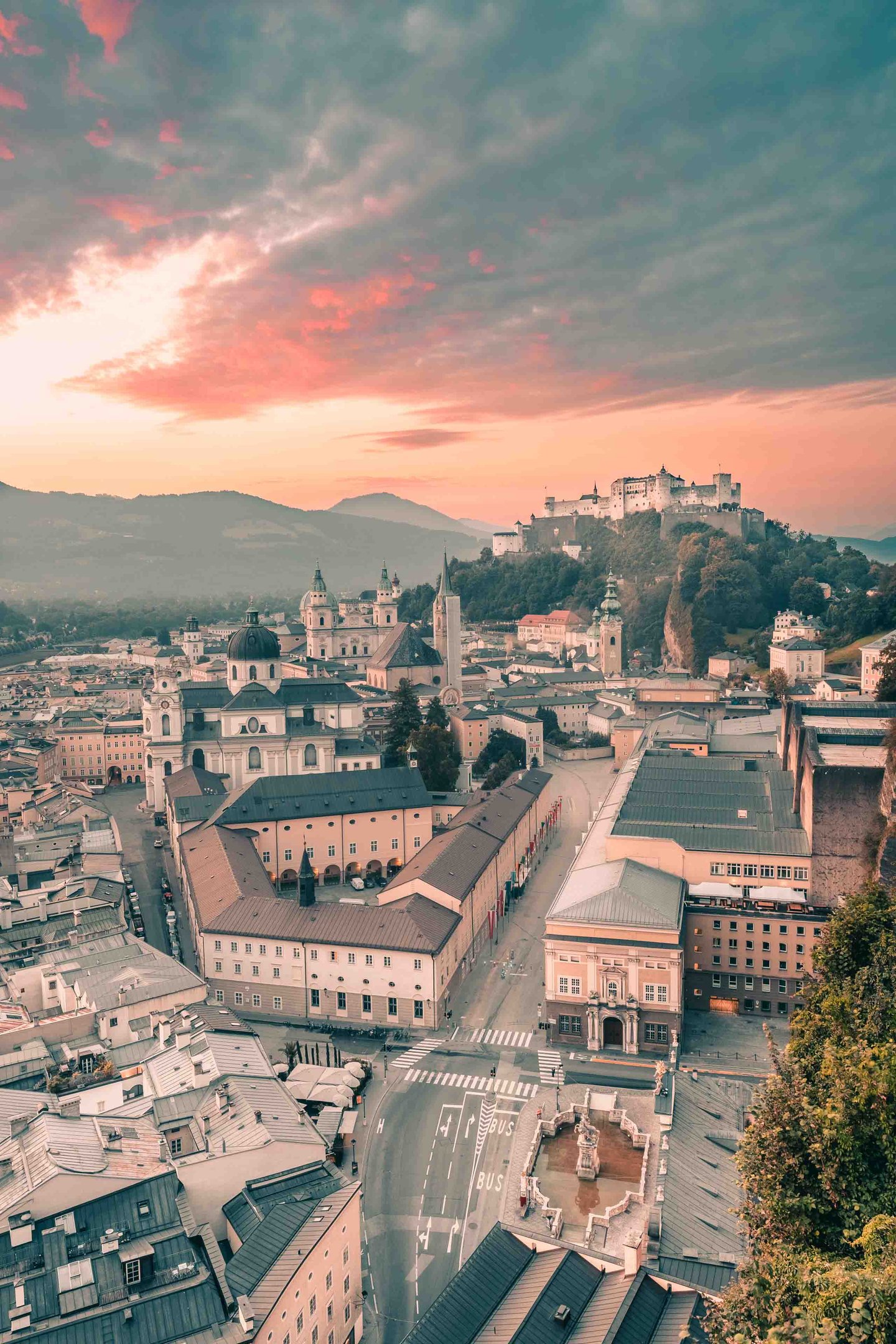 View of Hohensalzburg fortress and Altstadt from Monchsberg lookout terrace in Salzburg