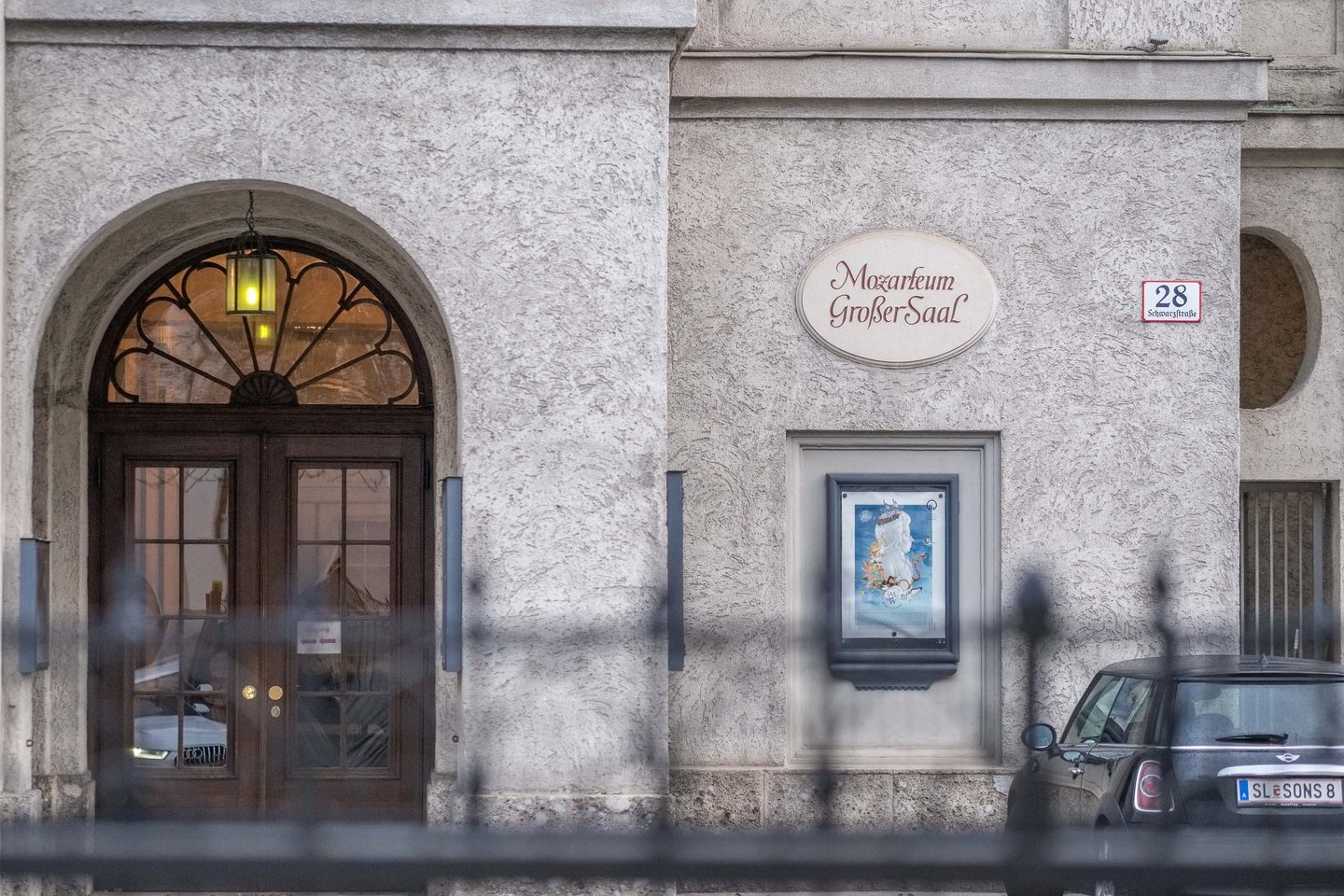 Entrance of the Mozarteum Grosser Saal with brass sign at the Stiftung Mozarteum / Mozarteum Foundation building in Salzburg