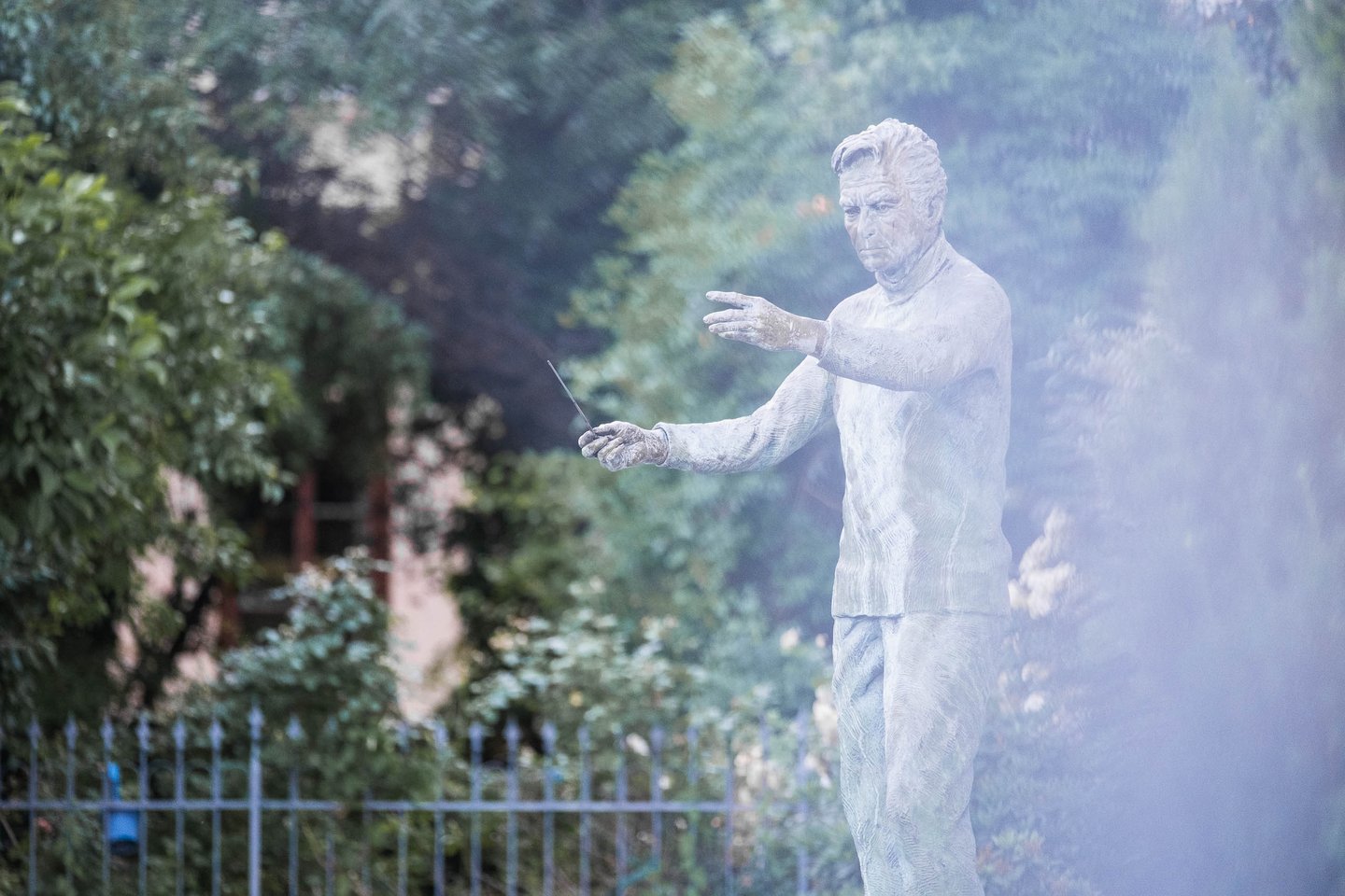 Bronze Herbert von Karajan statue near Mozart's Birthplace at Makartsteg in Salzburg