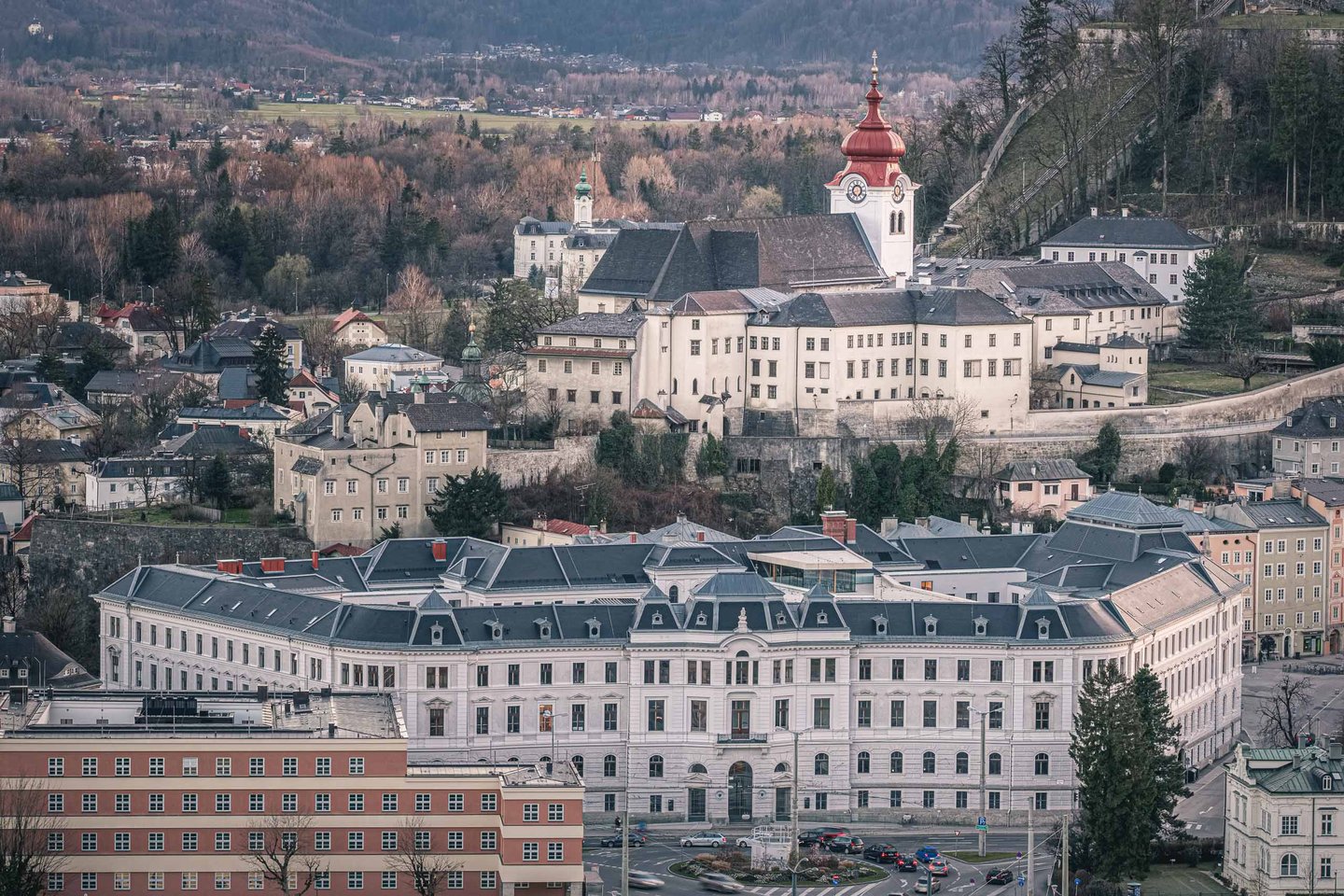 Elevated view of Nonnberg Abbey church and convent buildings in Salzburg.