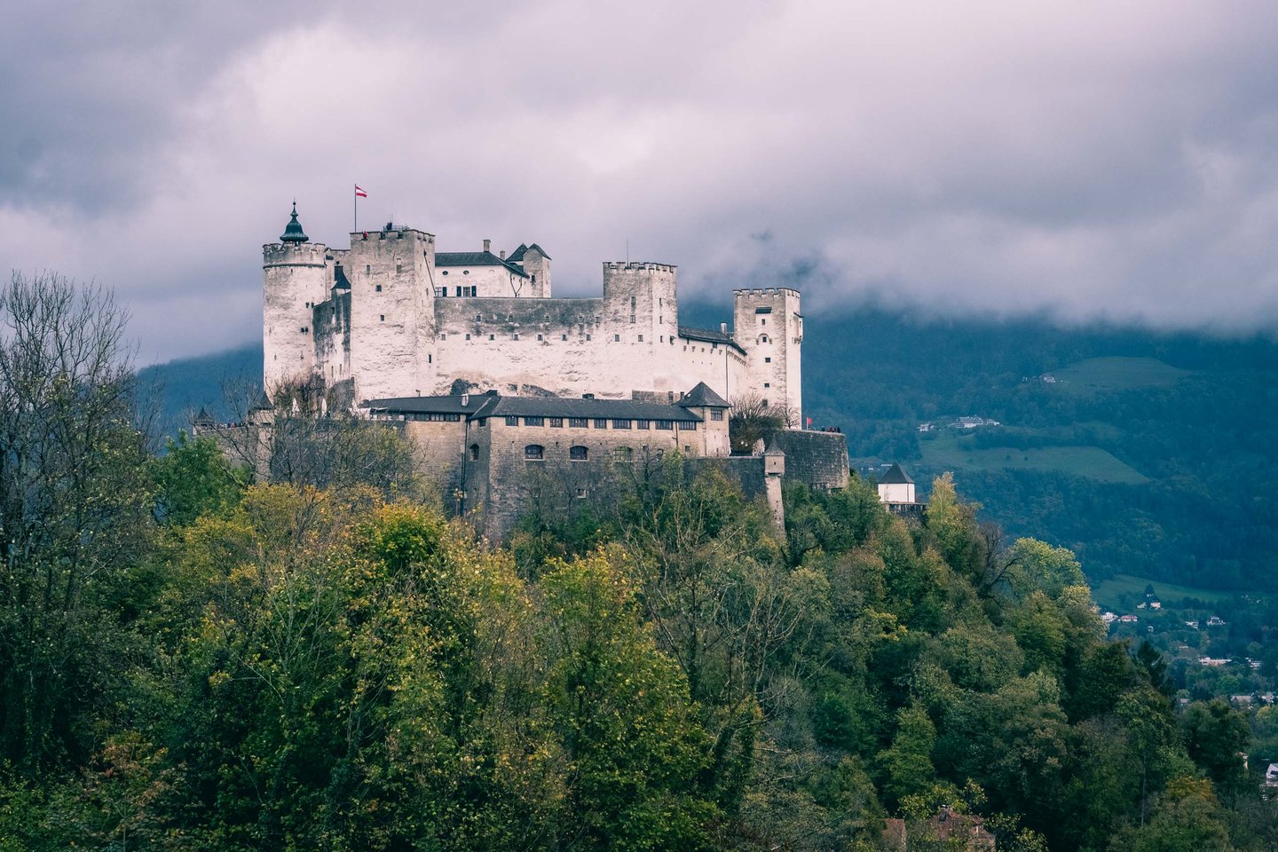 Hohensalzburg Fortress on Moenchsberg seen from Richterhoehe viewpoint in Salzburg.