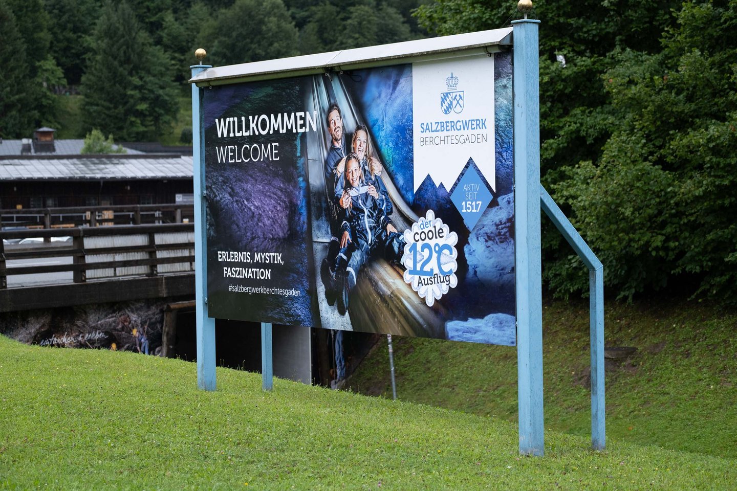 Welcome billboard advertising the Salzbergwerk Berchtesgaden salt mine experience in Bavaria