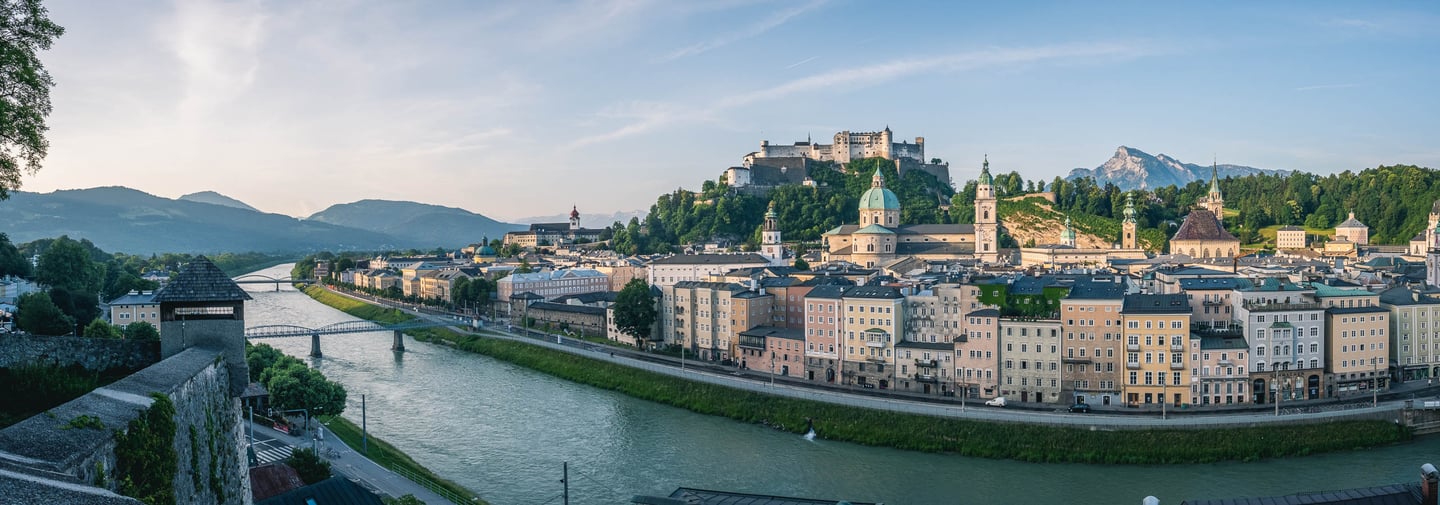 Panoramic view of Salzburg Altstadt with Hohensalzburg fortress above the Salzach river