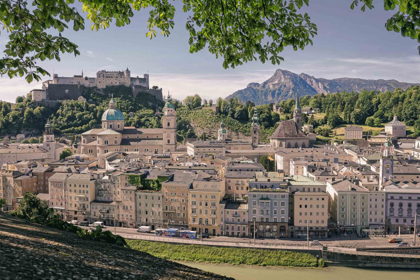Altstadt skyline with Hohensalzburg fortress and cathedral domes seen from Monchsberg in Salzburg