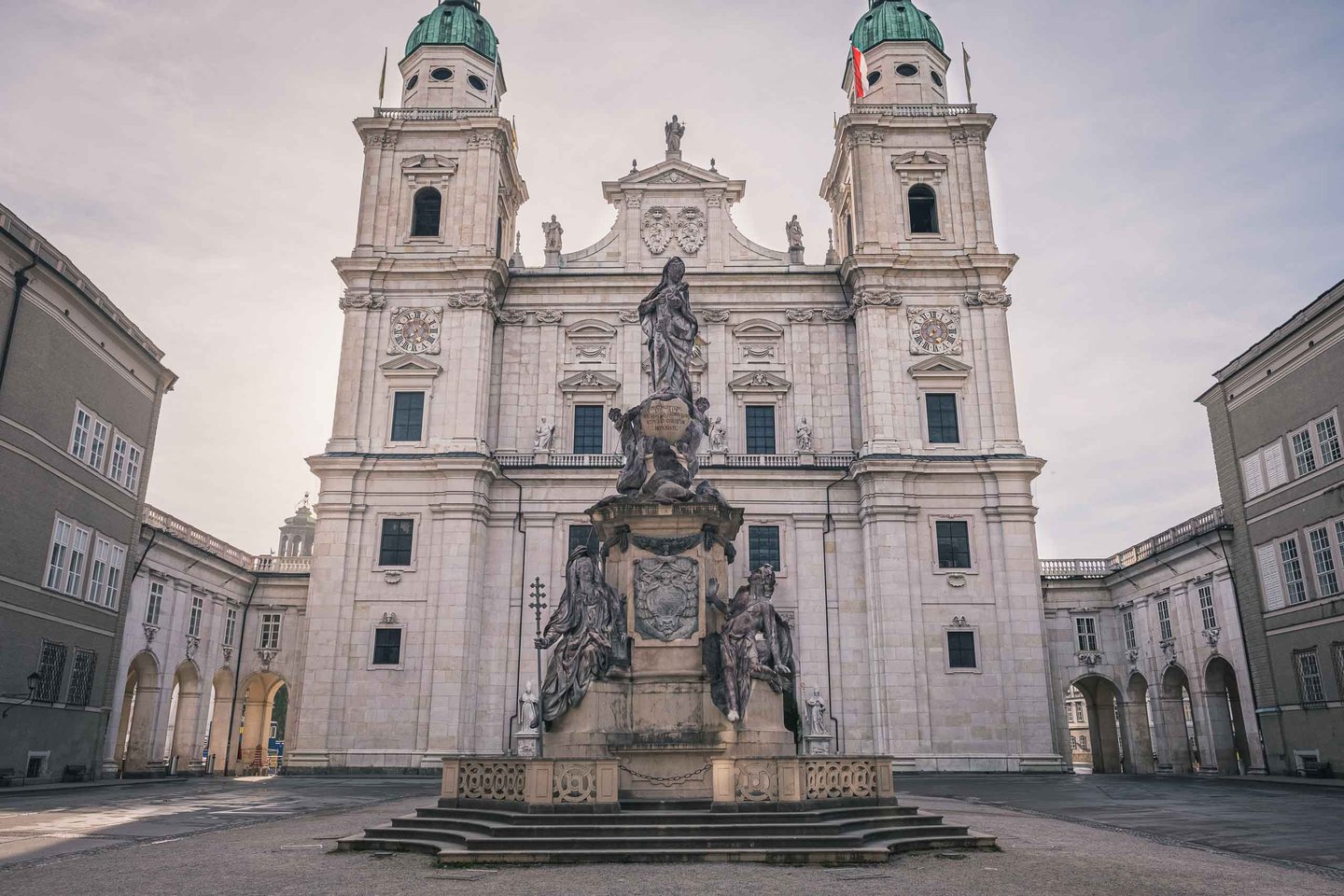 Salzburg Cathedral facade with Mariensaule column and twin towers on Domplatz in Salzburg