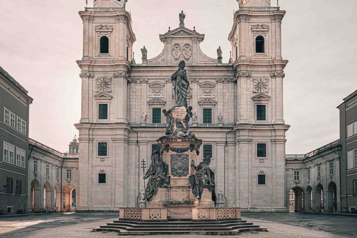 Salzburg Cathedral baroque west facade with Marian column on Domplatz in Salzburg old town