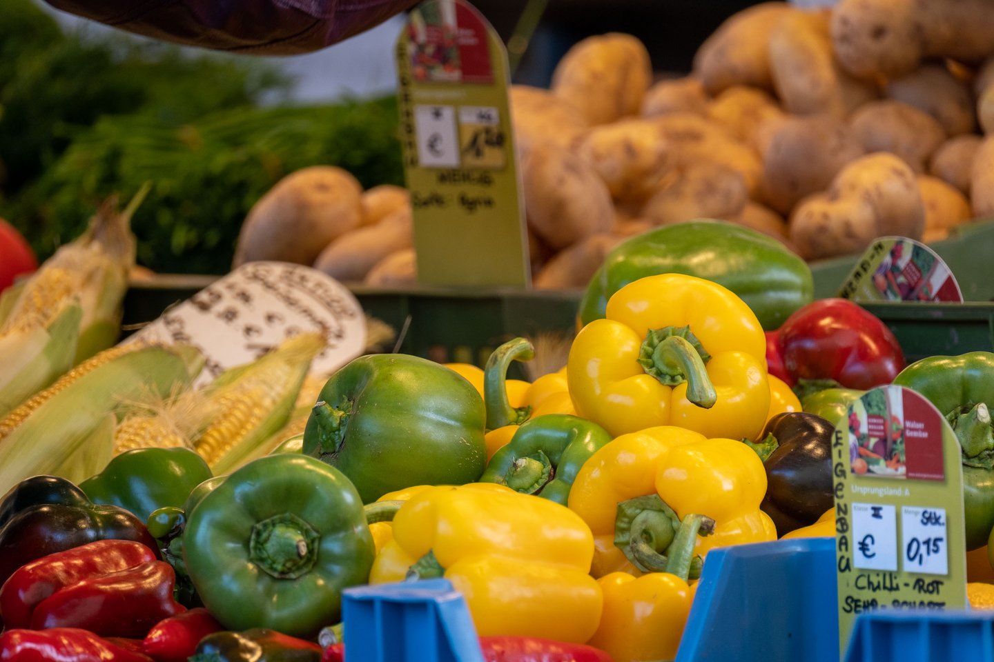 Yellow and green bell peppers and potatoes on a market stall at the Schrannenmarkt in Salzburg
