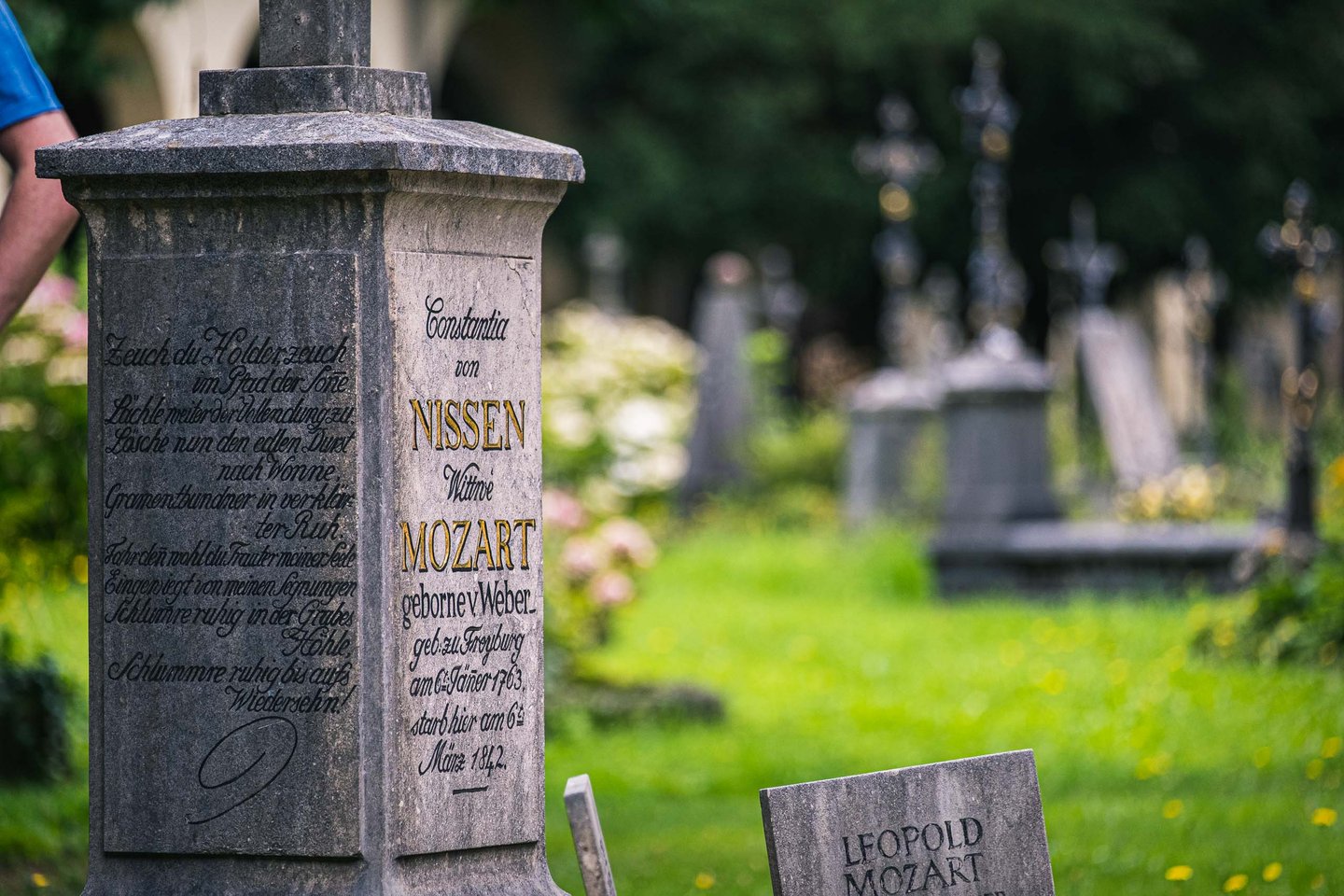 Grave monument of Constanze von Nissen born Weber sits in Sebastiansfriedhof cemetery in Salzburg.