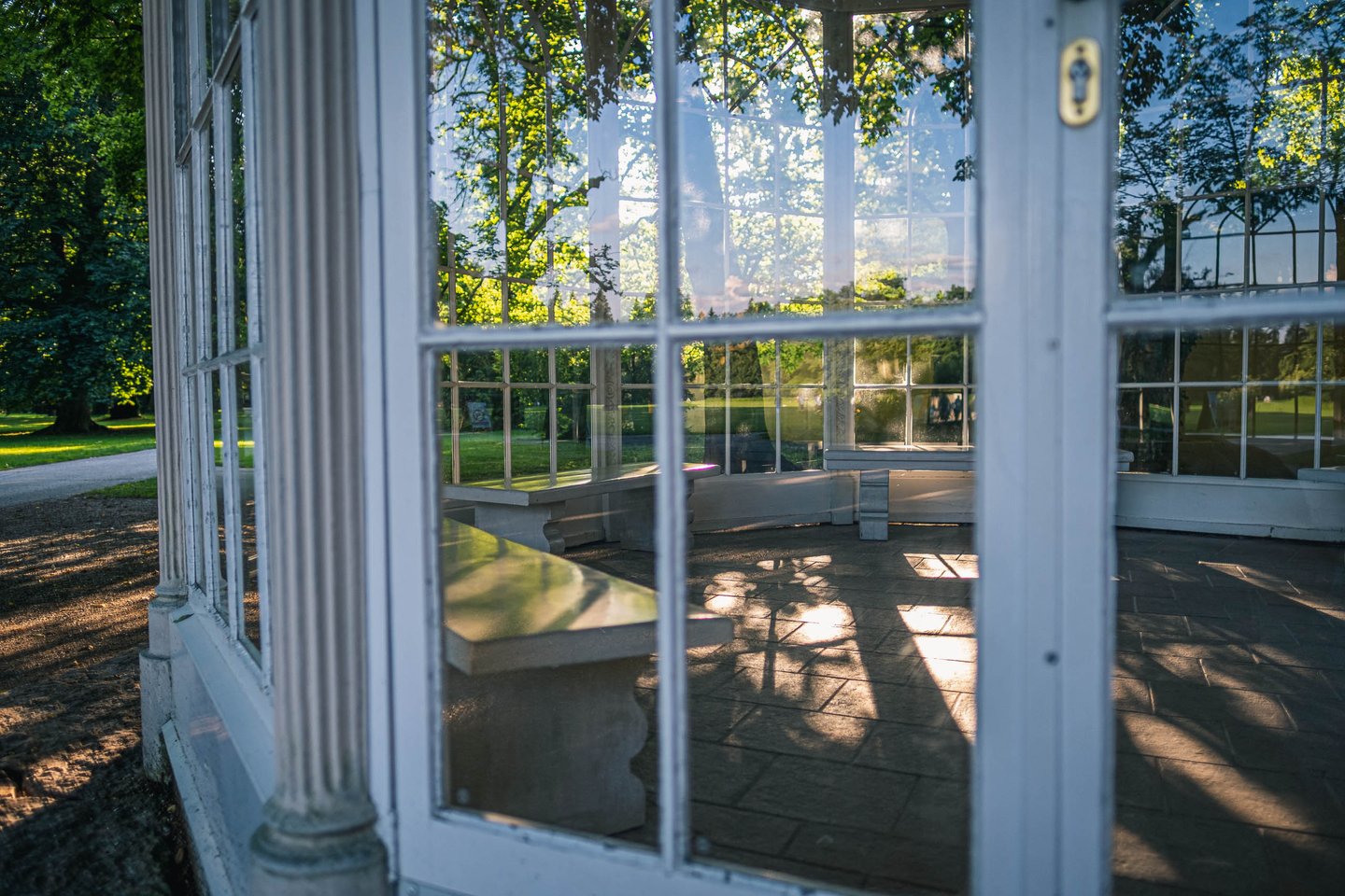 Interior view from inside the Sound of Music pavilion looking toward the garden at Hellbrunn Salzburg.