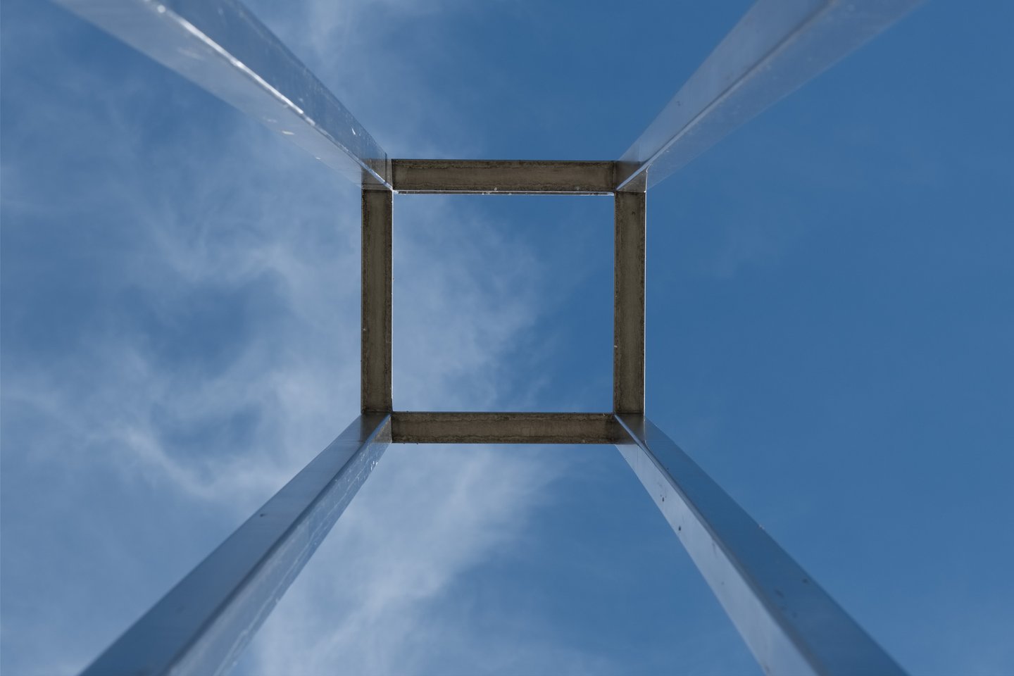 Looking straight up through the steel frame of the Spirit of Mozart installation in Salzburg