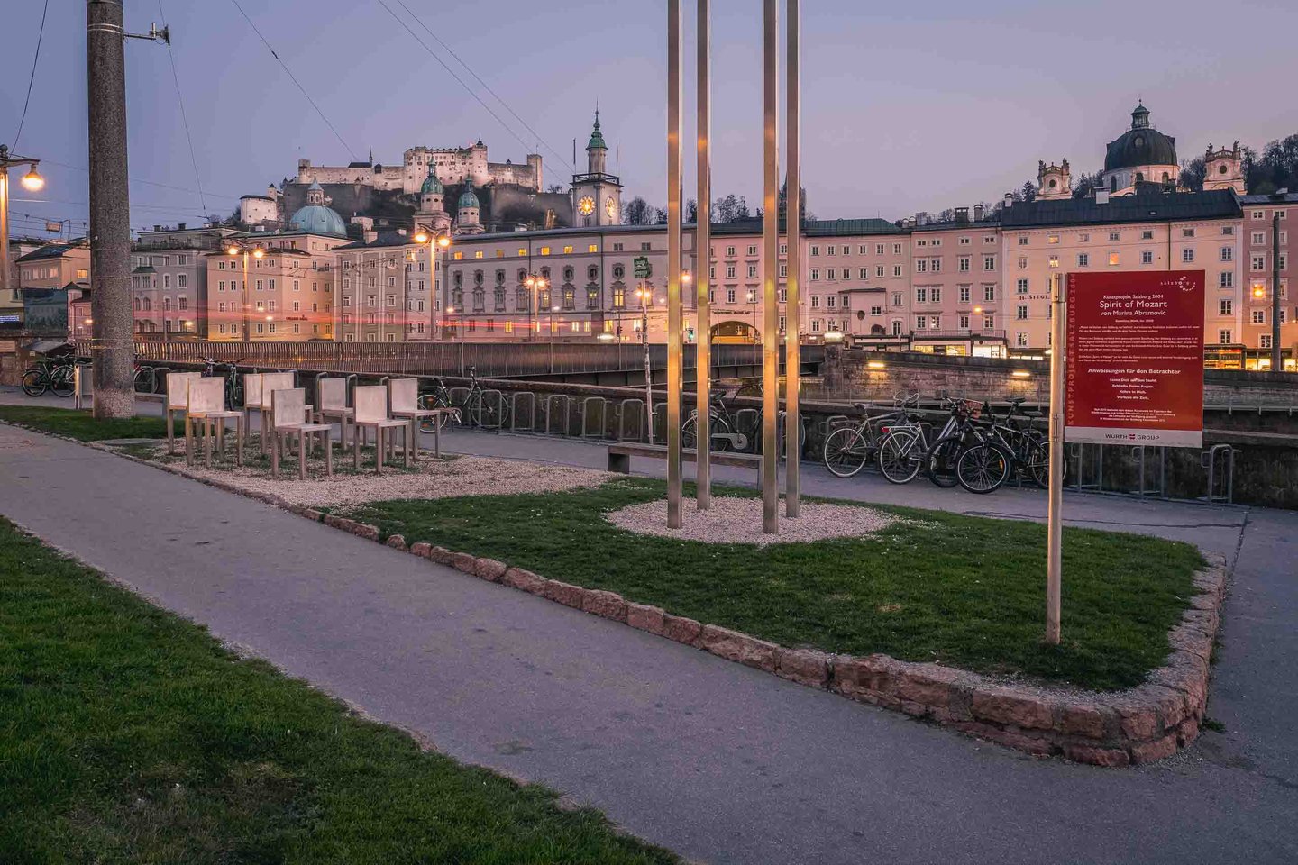The Salzach promenade at dusk in Mozart's Salzburg