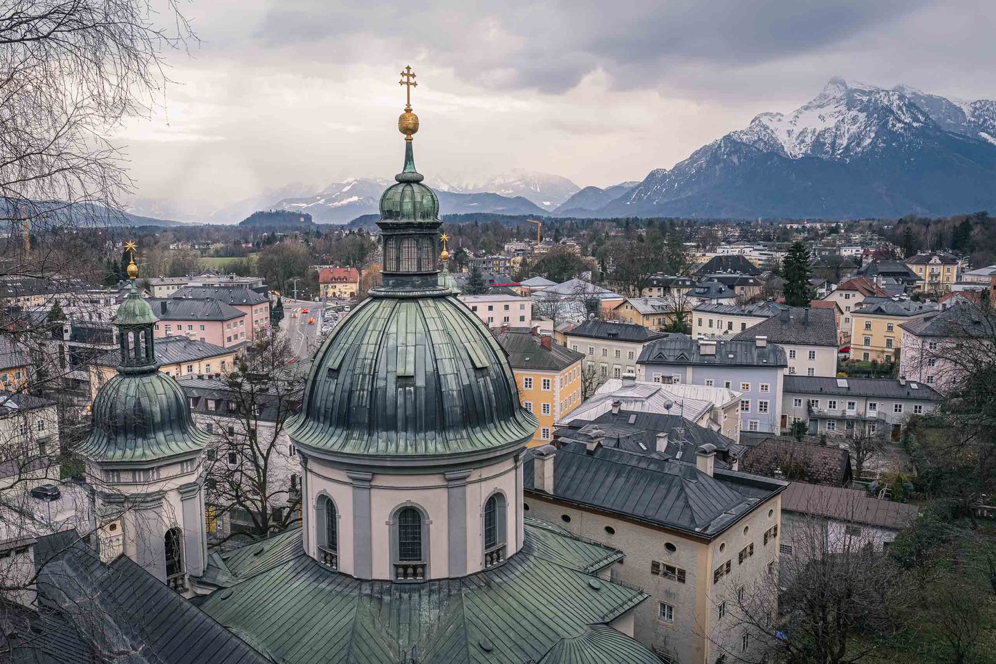 Green-copper dome detail of the Erhardkirche in Salzburg-Nonntal
