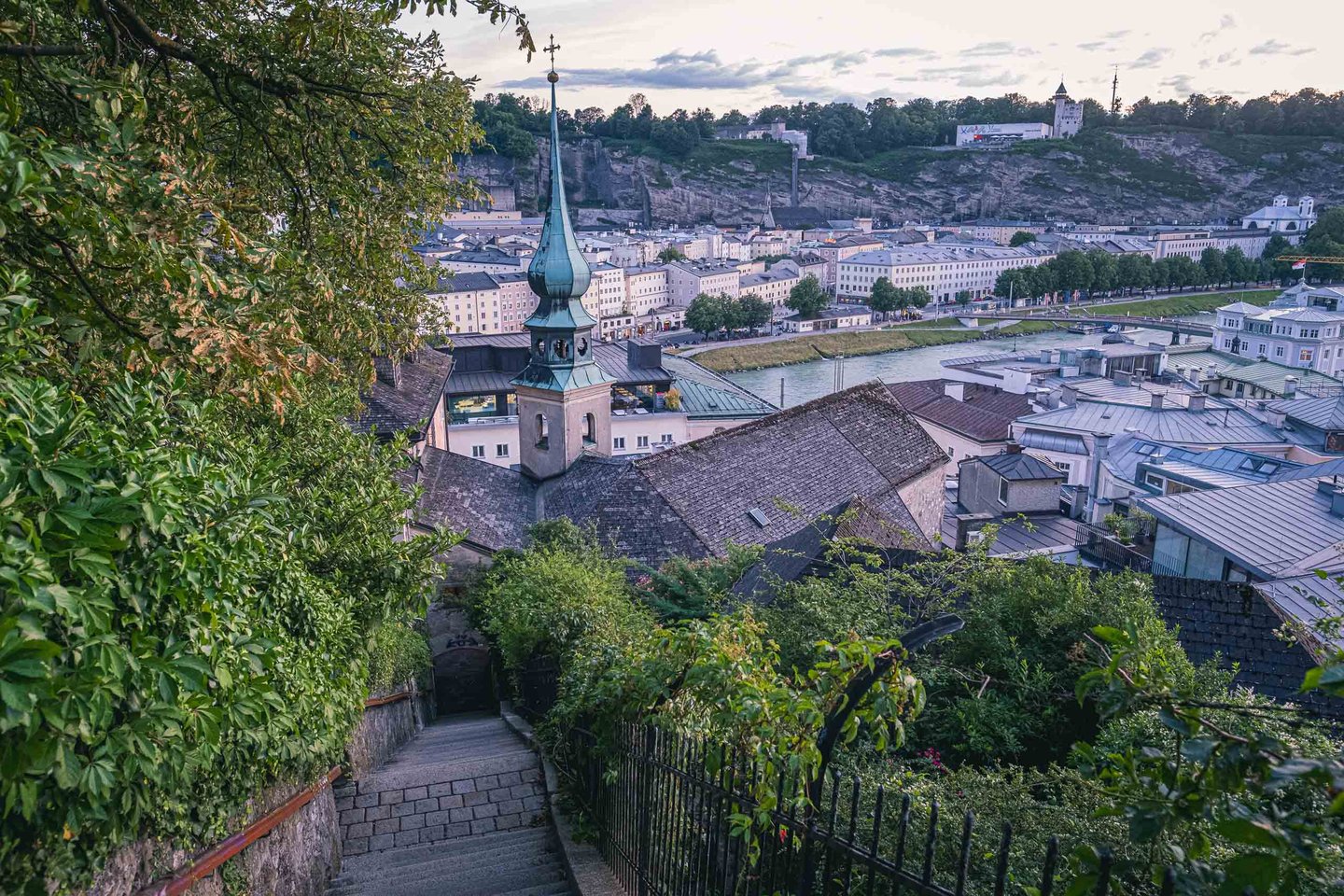 St John's Church on Imberg spire with Altstadt and Monchsberg beyond in Salzburg.