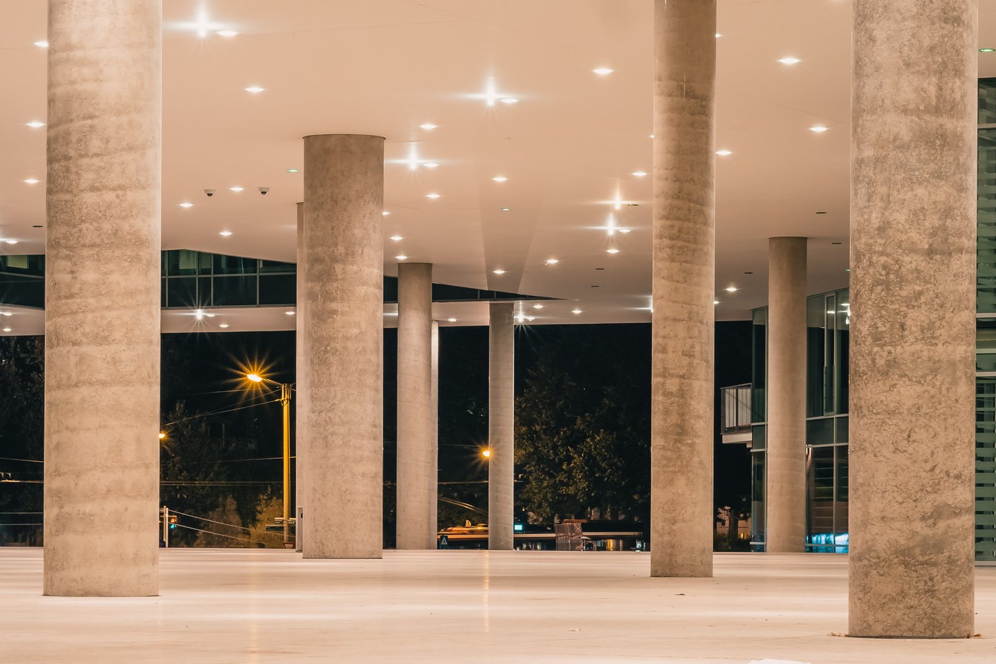 Unipark Nonntal University of Salzburg modern entrance at night