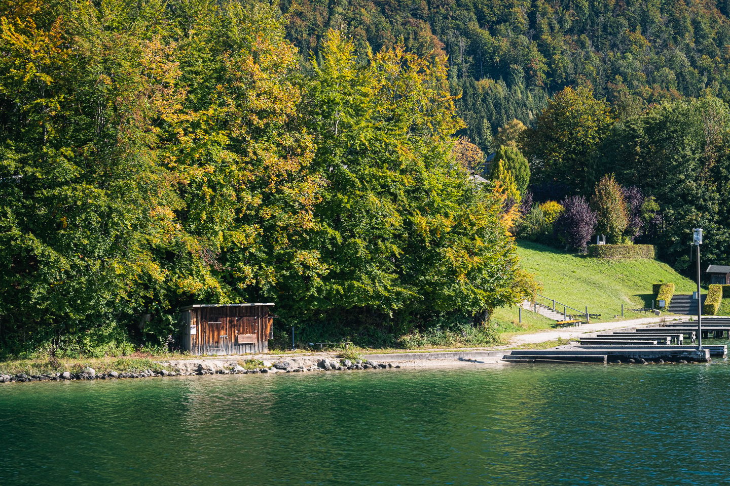 A weathered wooden boathouse stands under turning beech trees on the Wolfgangsee shore, beside a concrete landing stage reaching into the green water.