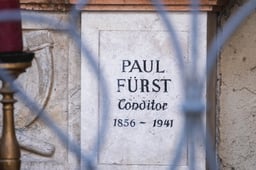 Stone grave plaque of Paul Furst the confectioner who invented the Mozartkugel dated 1856 to 1941 at Petersfriedhof in Salzburg