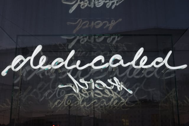 Beyond Recall neon vitrine detail by Brigitte Kowanz on the Salzach embankment in Salzburg