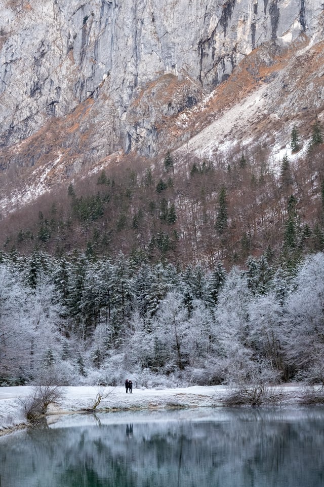 A sheer limestone wall rises above hoarfrosted forest in the Bluntautal, with two tiny walkers on the snowy shore of the lake below.