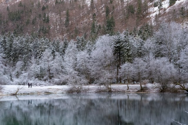 Two walkers on a frosted shore path beside a still lake in the Bluntautal near Golling, with hoarfrost-covered trees and a snowy forest slope mirrored in the water.