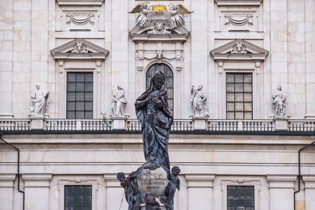Marian Column in front of Salzburg Cathedral facade on Domplatz in Salzburg