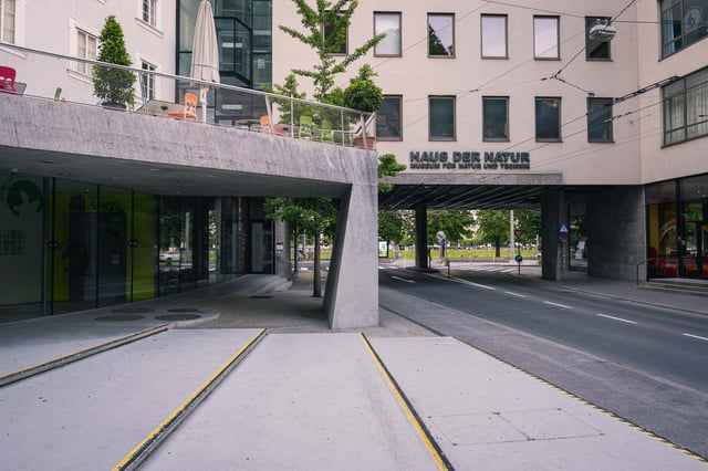 Haus der Natur museum seen from street with signage above concrete canopy in Salzburg