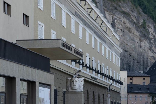 Haus fuer Mozart facade with Karajan stone mask on Hofstallgasse in Salzburg